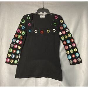 Just B Boho Crochet Tunic Top M Black Multicolor Sleeves boho